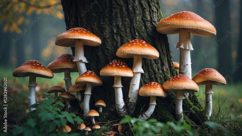 Poster mushrooms with orange caps and white stems growing at the base of a tree in a forest setting during 