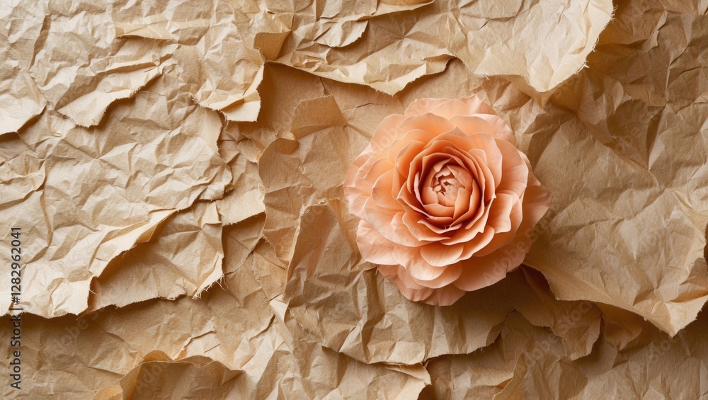 Poster peach paper flower on crumpled kraft paper background creating a textured and artistic composition f