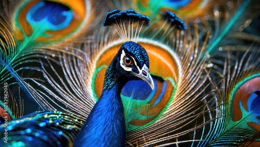 Poster close-up of a peacock displaying vibrant plumage with intricate eye patterns in feathers showcasing 