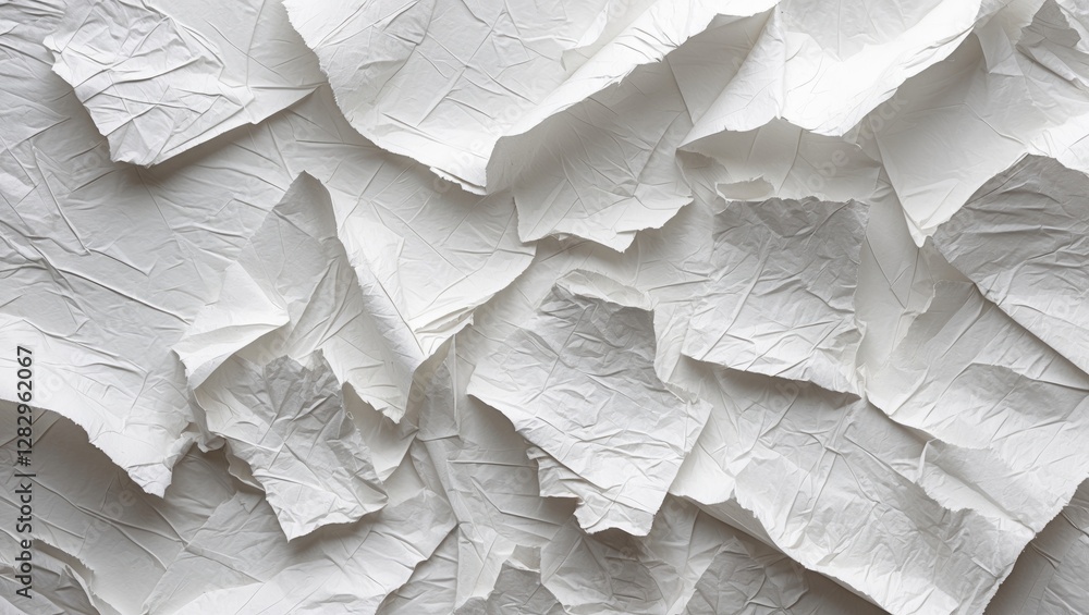 Poster crumpled white paper texture background with layered and overlapping sheets creating a dynamic visua