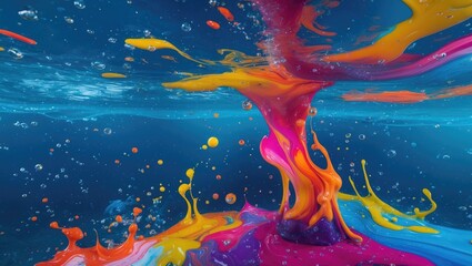 Colorful liquid splash with bubbles underwater creating a dynamic abstract pattern in vibrant hues of orange pink blue and yellow