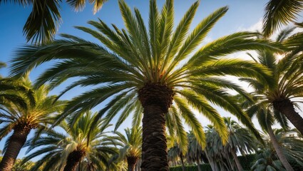 Obraz premium Palm trees with sunlit fronds against a clear blue sky in a tropical setting capturing a natural and lush landscape.