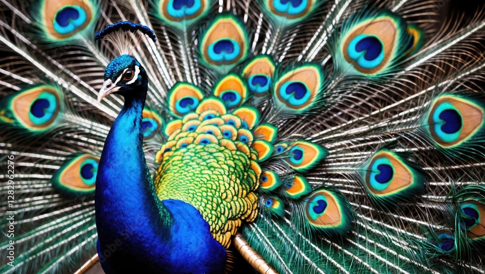 Poster vibrant male peacock displaying its colorful plumage with intricate patterns in a natural setting