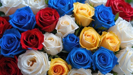 Colorful bouquet of red yellow blue and white roses arranged together in a floral composition close up shot