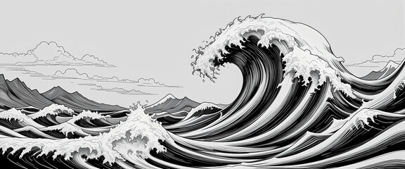 Towering ocean wave in japanese ukiyo-e style, dramatic woodcut print of powerful sea swells and stormy horizon