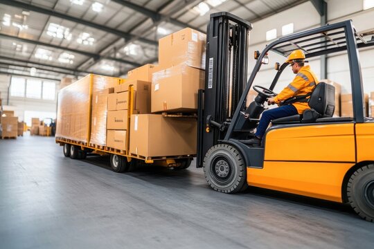A forklift operator manages cargo in a warehouse, showcasing efficient logistics and heavy equipment in action.