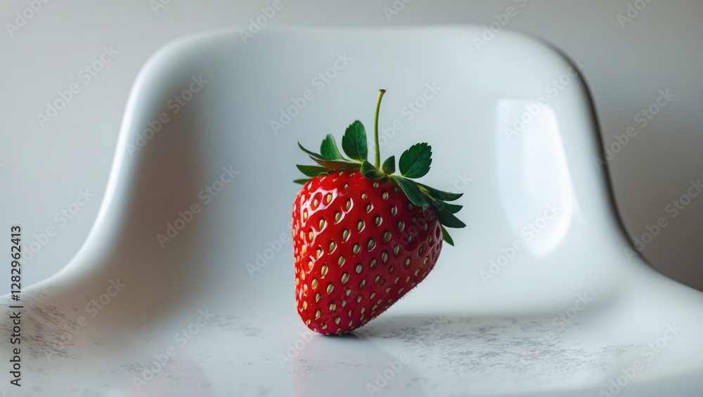 Poster fresh ripe strawberry placed on a clean white chair with a subtle shadow and soft background illumin