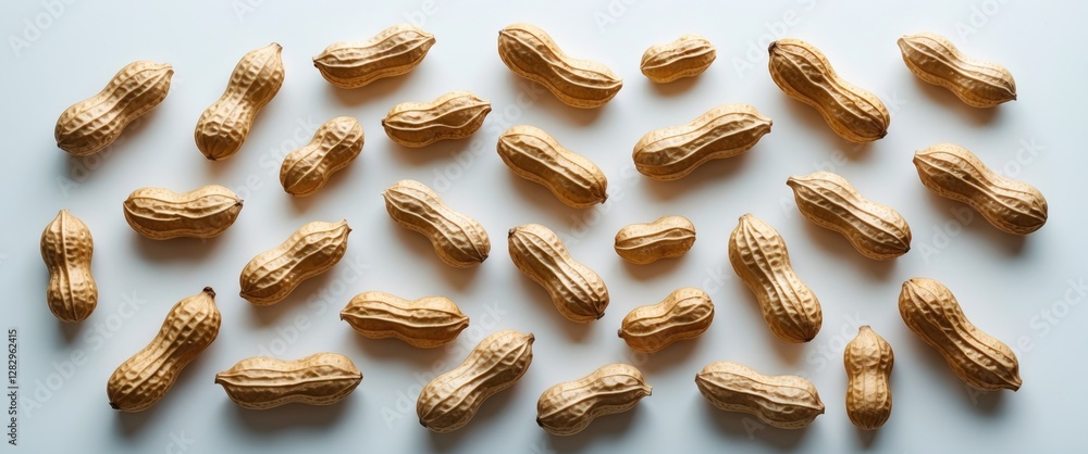 Poster brown shelled peanuts arranged on a white surface creating a textured pattern showcasing their disti