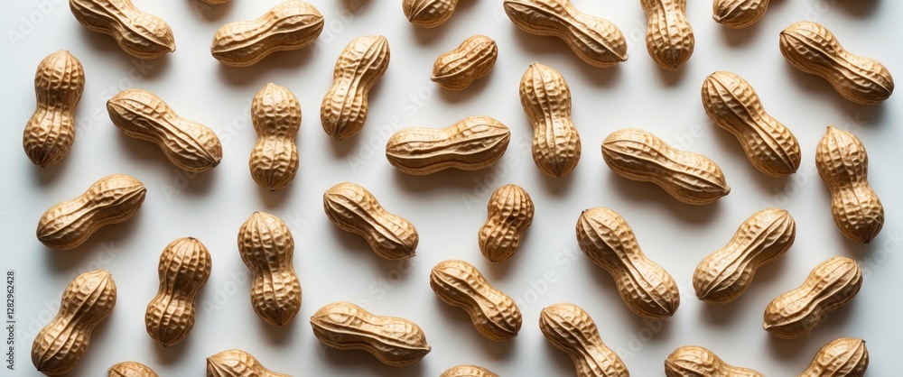 Poster scattered unshelled peanuts on a white surface creating a textured background pattern