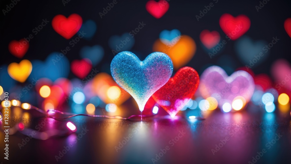 Poster colorful illuminated hearts with sparkles on a dark background creating a festive and romantic atmos
