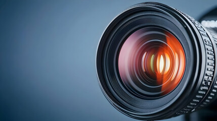 Macro Shot Of Camera Lens With Reflection On A Blue Background