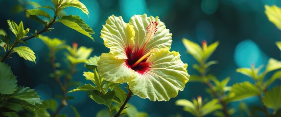 Hibiscus flower with yellow petals and red center surrounded by green leaves and blurred background in natural light
