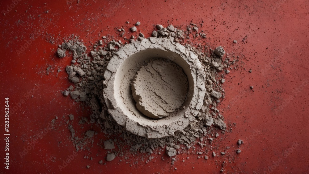 Poster concrete bowl surrounded by gray debris on a red background lighted from above showing texture and d
