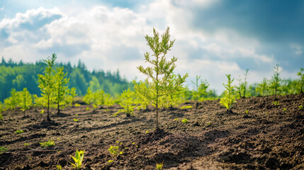 Reforestation landscape with young trees and seedlings in a freshly planted area showing new growth and environmental recovery. Tree planting concept