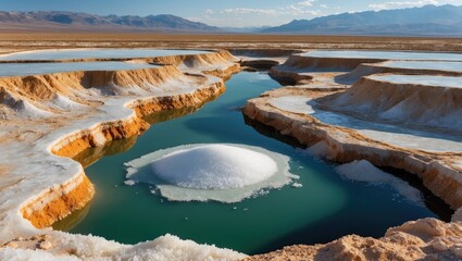 Salt flats with turquoise water and white salt formations under a clear sky in a desert landscape. Natural mineral deposits visible.