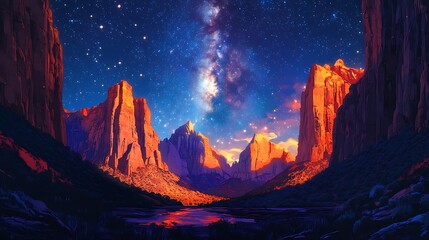 Anime-style depiction of Zion National Park&rsquo;s red rock cliffs under a vivid starlit sky, glowing constellations and a faint Milky Way illuminating the rugged formations,