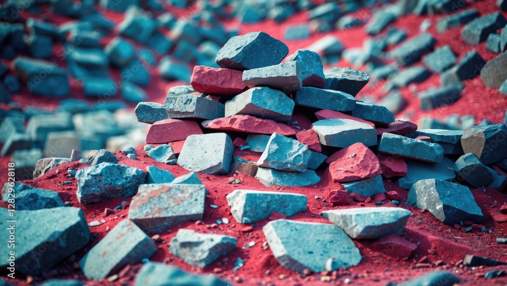 Poster piled rocks on red ground with scattered stones in the background creating a textured and colorful l
