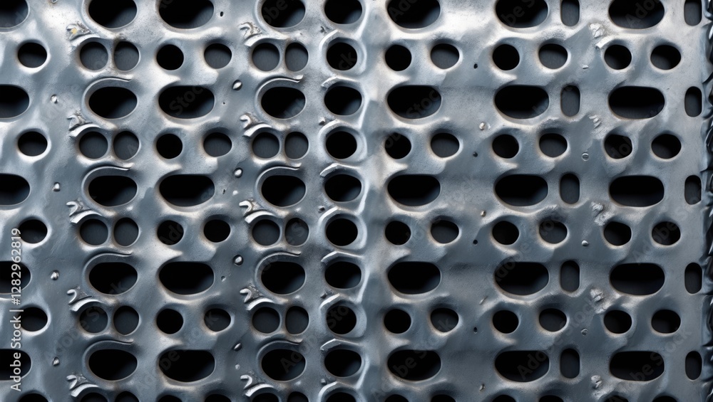 Poster metallic surface with abstract perforated design featuring various sized holes and a textured patter