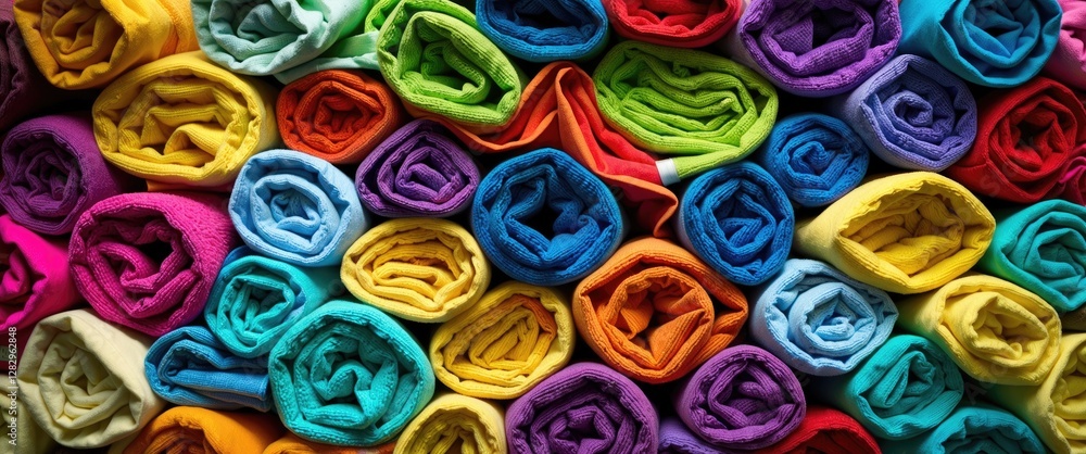 Poster colorful rolled towels arranged neatly in a vibrant pattern showcasing a variety of hues and texture