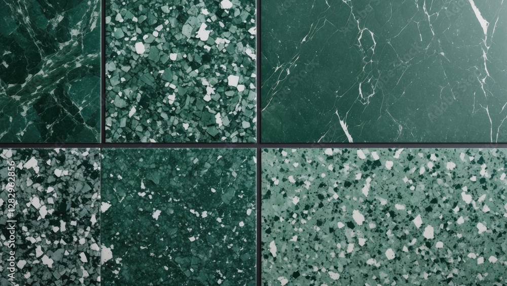Poster green marble textures in a grid layout displaying various patterns and finishes suitable for interio