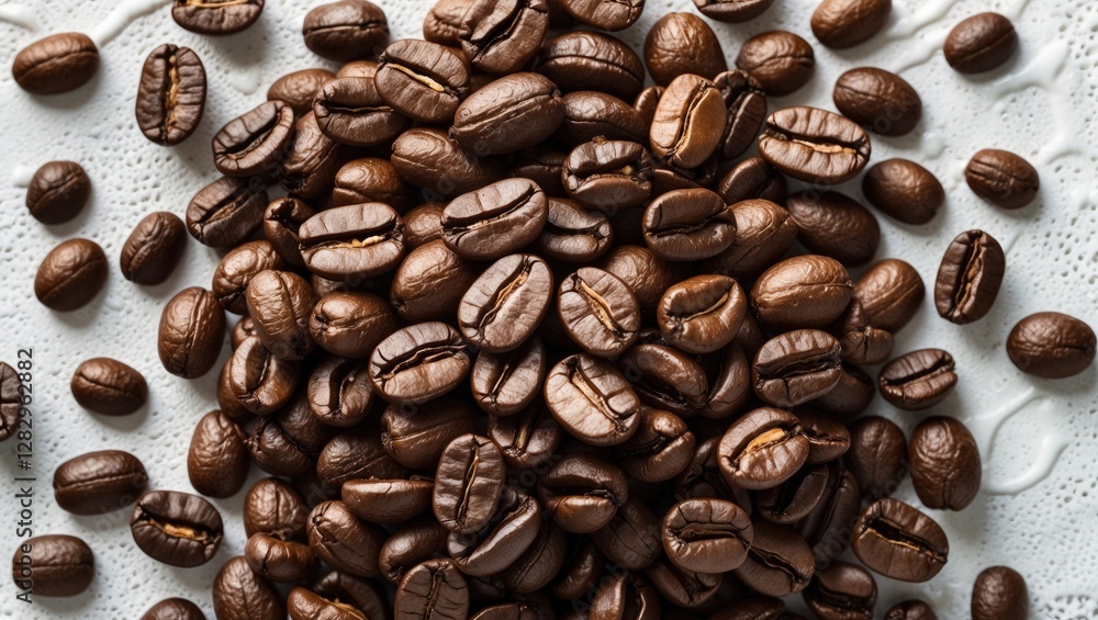 Poster close-up of roasted coffee beans scattered on a textured surface with shallow depth of field and nat
