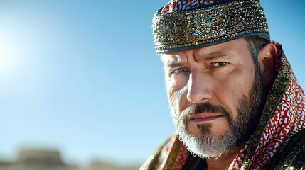 Stern Middle-Eastern man in traditional headdress, desert background; historical portrait, suitable for film, documentaries, or historical publications