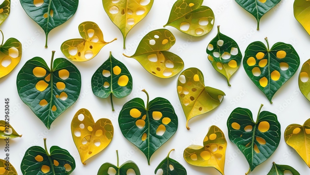 Poster assorted green and yellow leaves with cut-out patterns arranged on a white background top view