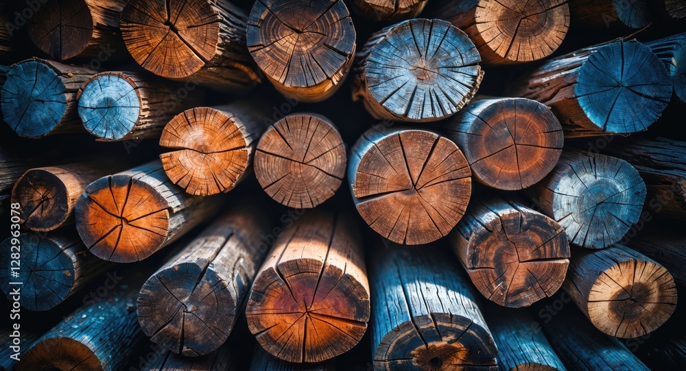 Poster close-up of chopped wooden logs stacked in a pile showcasing textures and natural colors of timber i