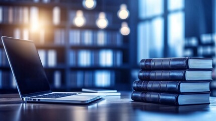 A laptop placed in a futuristic library setting representing digital education research and knowledge enhancement perfect for online study academic growth and advanced technology