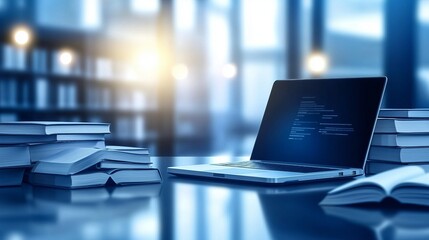 An open laptop surrounded by books in a futuristic library symbolizing digital transformation in education learning and knowledge access perfect for modern research and academic progress