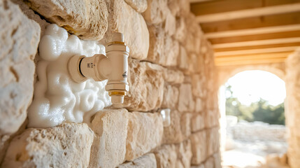 Stone wall plumbing installation, foam insulation, arched hallway background; construction, renovation, home improvement