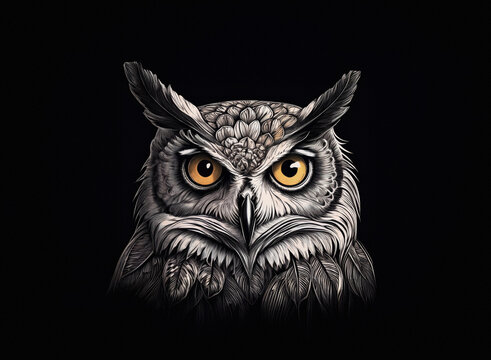 A detailed close-up portrait of an owl with piercing yellow eyes is set against a stark dark background, emphasizing its feathery texture.