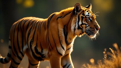 Obraz premium Majestic orange tiger strides through sunlit grassland, its dark stripes contrasting beautifully against the golden light, a symbol of untamed wilderness