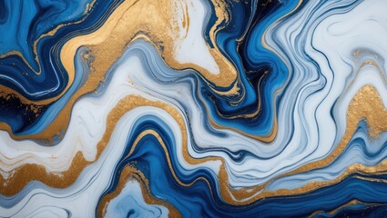 Obraz premium Abstract fluid art with blue white and gold colors swirling together creating a marbled effect in a seamless pattern