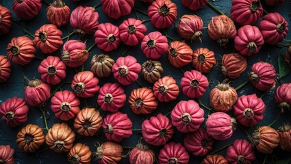 Fototapeta premium variety of small decorative pumpkins arranged closely on a textured surface in shades of orange and pink with green stems