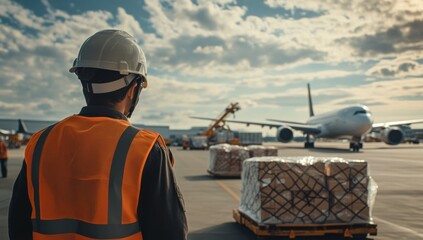 back view of airport worker in uniform in front of cargo plane unloading pallets with goods 