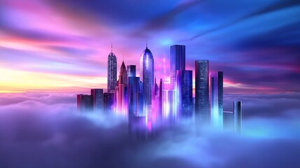 Fototapeta premium Vibrant Cityscape Silhouetted Against Dramatic Sky with Purple and Blue Clouds at Sunset