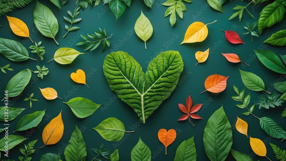 Poster assorted leaves in various shapes and colors arranged in a heart shape on a green background