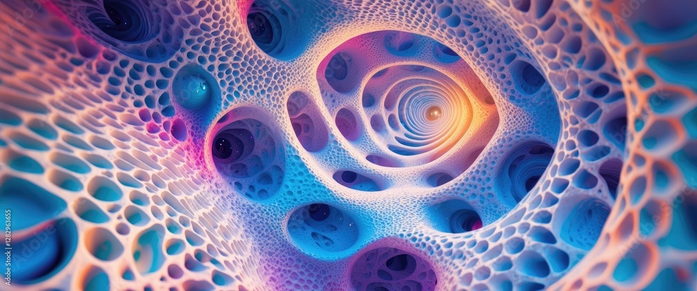 Poster abstract colorful fractal pattern with spiraling shapes and interconnected cells in blue, pink, and 