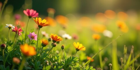 Obraz premium Vibrant wildflowers bathed in the warm glow of sunlight, a picturesque meadow teeming with colorful blossoms in full bloom, showcasing nature's artistry in a serene and idyllic setting.