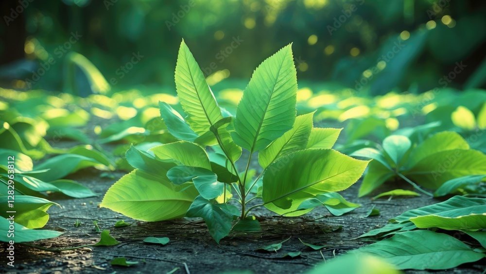 Poster close-up view of vibrant green leaves on the ground with sunlight filtering through trees in a fores