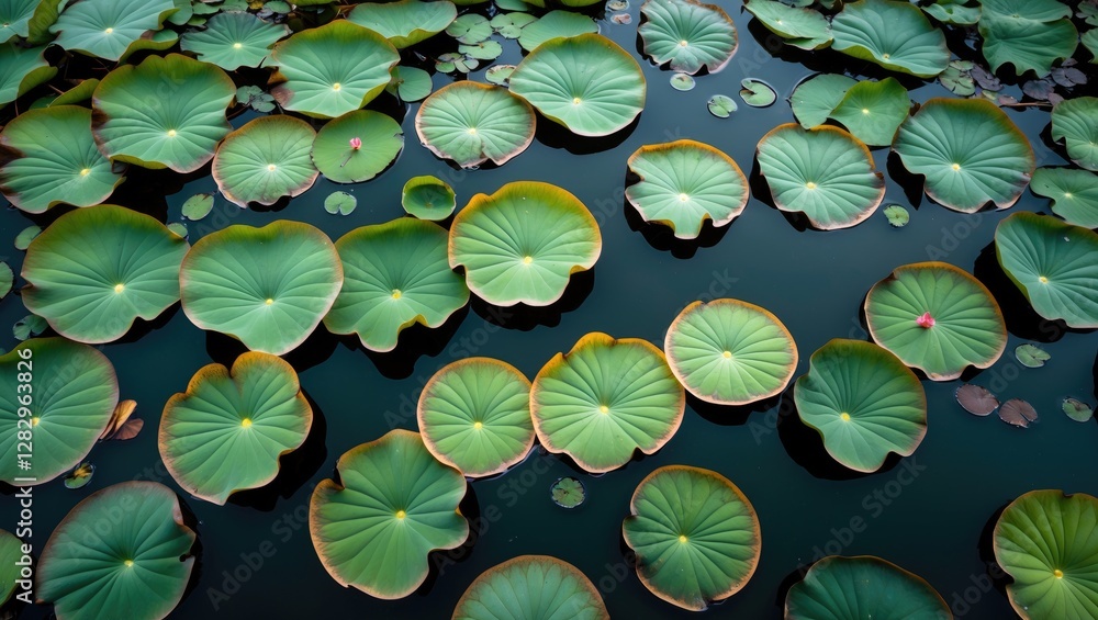 Poster lily pads floating on dark water surface with reflections in a tranquil pond environment