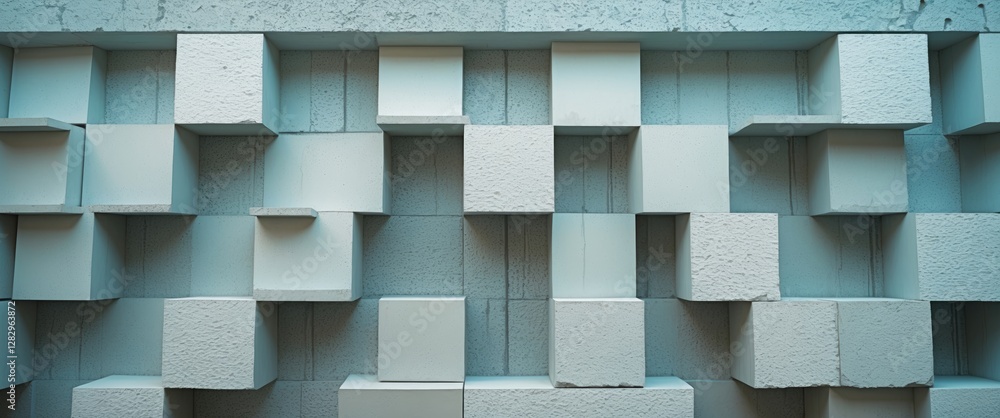 Poster textured wall with white cubes arranged in an abstract pattern against a light blue background in a 