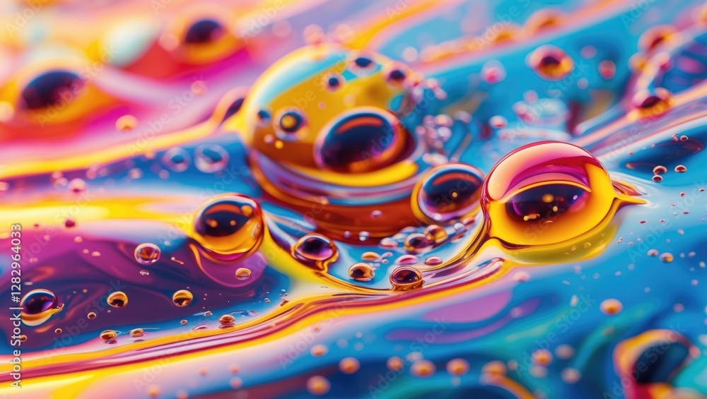 Poster colorful oil droplets on a vibrant abstract background reflecting light and creating a psychedelic e