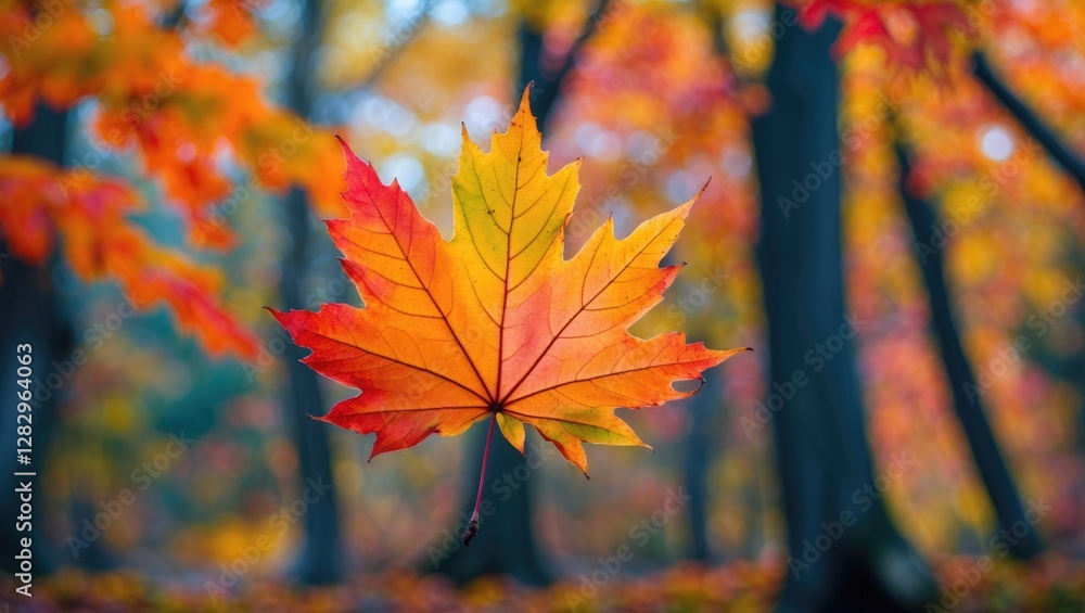 Poster vibrant autumn maple leaf in focus with blurred colorful foliage background in a serene forest setti