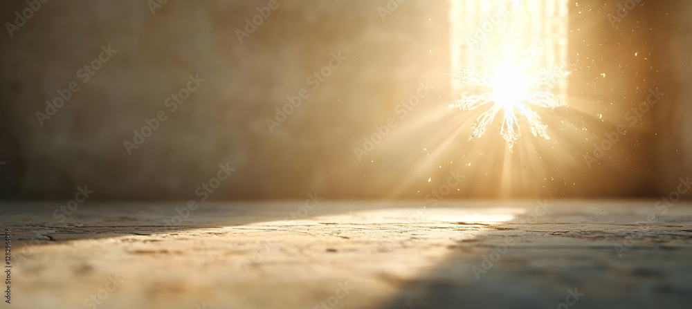 Poster sunbeams illuminate a dusty concrete floor in an empty room, creating a warm, inviting atmosphere. p