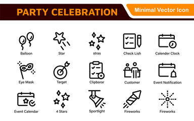 Celebration and Party Icons. Vector Icons for Birthdays, Holidays, Festivals, Fireworks, and Event Decorations