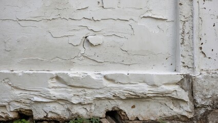 Textured white wall with peeling paint and visible cracks at the base with overgrown grass and stones at the bottom.