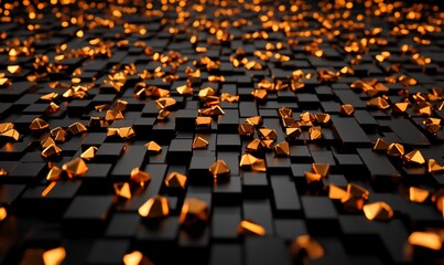 Abstract gold pyramids on black cubes background.