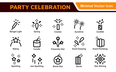 Celebration and Party Icons. Vector Icons for Birthdays, Holidays, Festivals, Fireworks, and Event Decorations